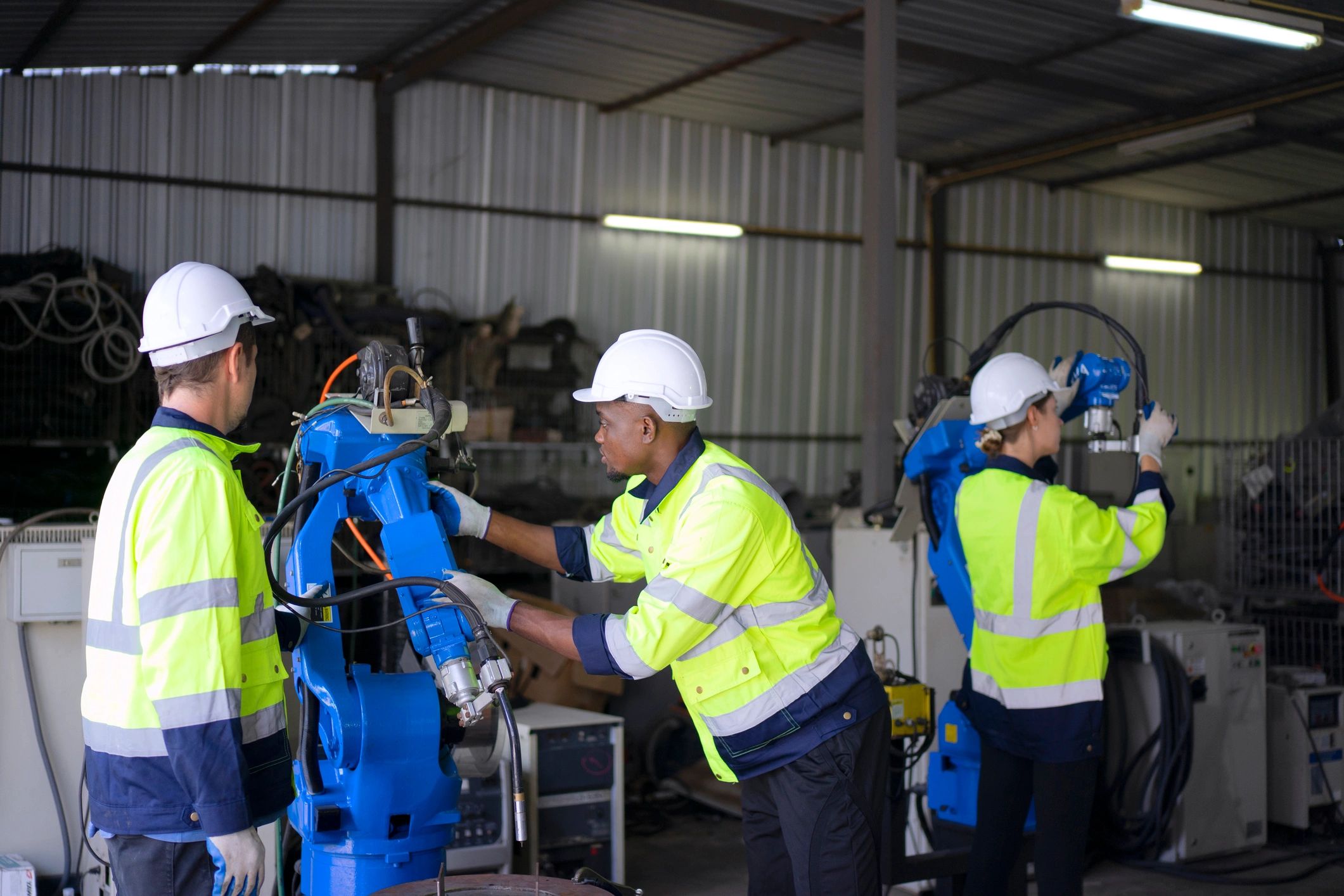 Engineer monitoring robotic arm equipment in a factory